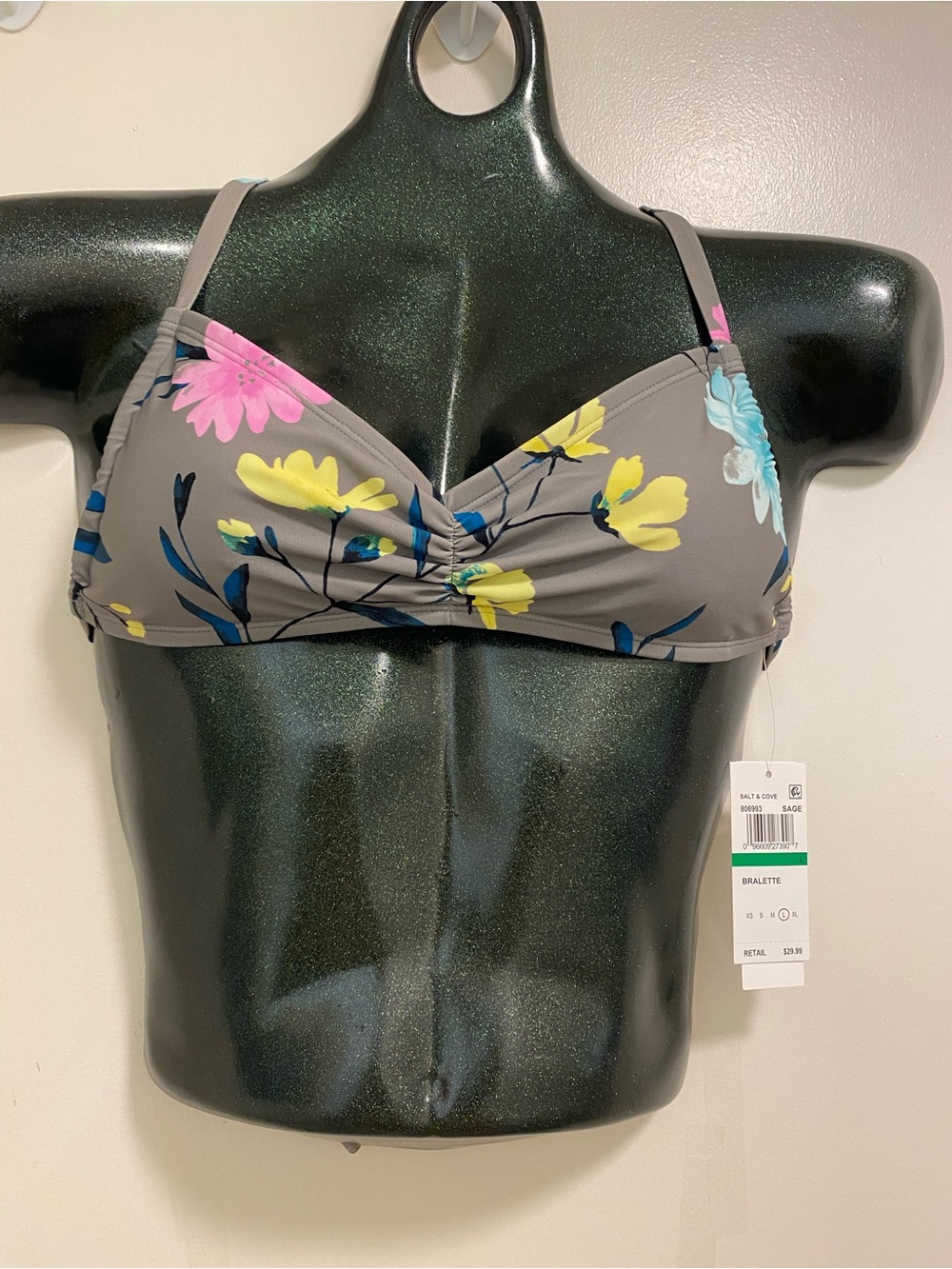 Salt + Cove Gray Floral Bralette Bikini Top with Pink Yellow Blue Blooms